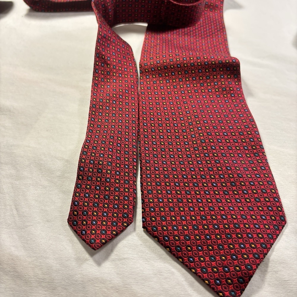 DANIEL DE FASSON Handmade 100% Silk Tie Men's Red Blue Geometric Necktie